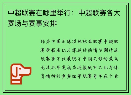 中超联赛在哪里举行：中超联赛各大赛场与赛事安排